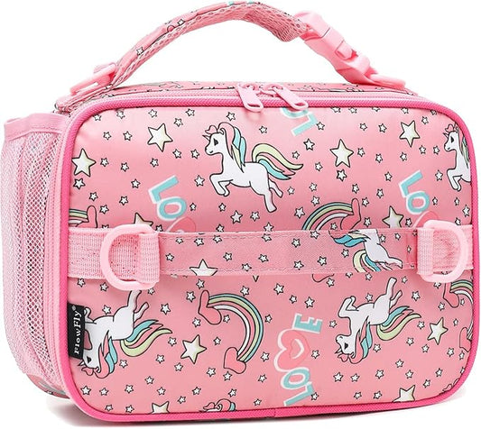 FlowFly Kids Lunch Bag, Durable Insulated School Lunch Box with Shoulder Strap and Bottle Holder, Water-resistant Thermal Small Lunch Cooler Tote for Teen Boys & Girls,Red#Uincorn