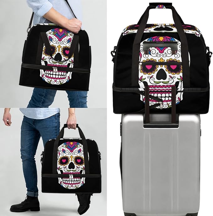 Sugar Skull Mexican Foldable Travel Duffel Bag Tote Carry On Luggage Sports Gym Bag With Shoe Compartment For Woman Man Overnight Weekend Yoga Workout Bag Training Handbag