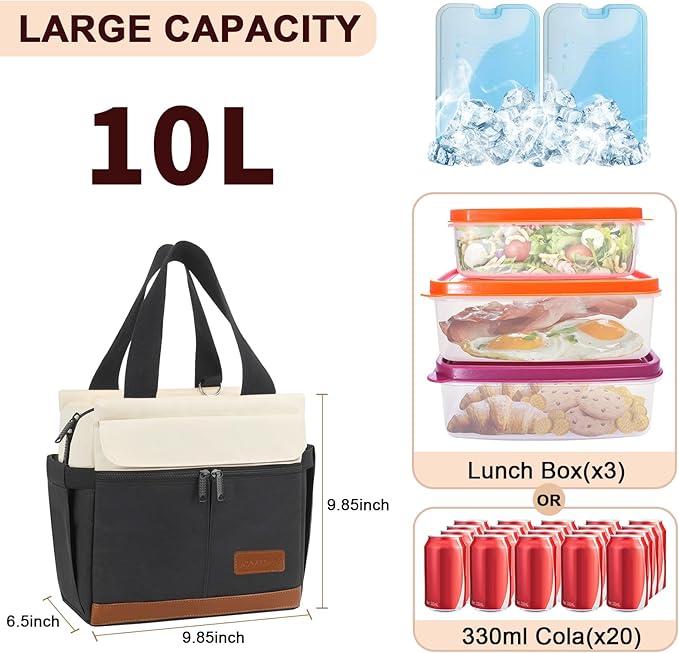 Joymee Lunch Box for Men Insulated Lunch Bag Women with Shoulder Strap Reusable Leakproof Large Spacious Lunch Cooler Tote for Women Adult with Bottle Holder and Side Pockets for Work - Black