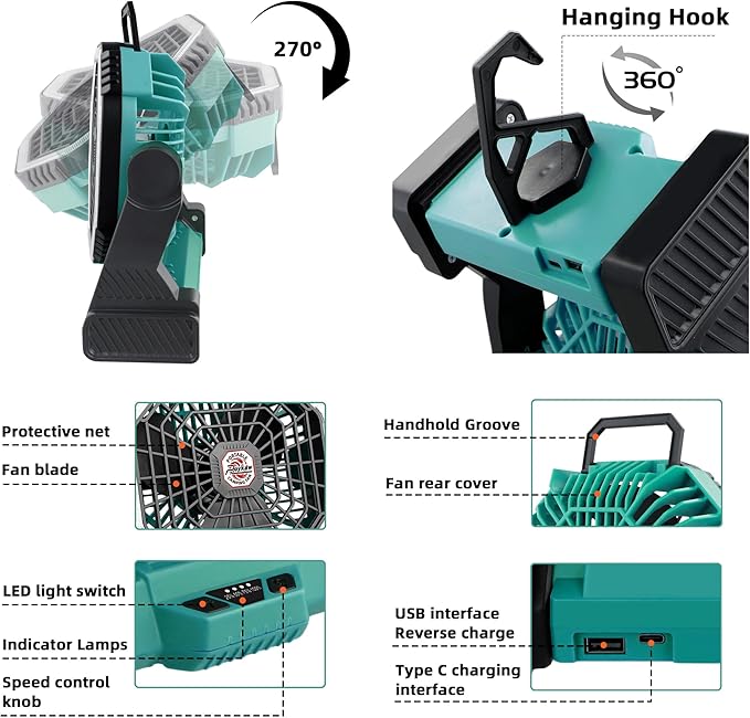 Roykaw Portable Camping Fan with 10400 mAh Rechargeable Battery, 36 Hrs Work, Ultra-bright LED Light & Cordless, Fit for Tent, Fishing, Bedroom, Office, Hurricane