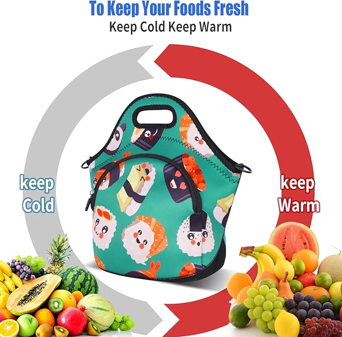 Violet Mist Women's Neoprene Insulated Lunch Bag Thermal Resealable Lunch Bag Tote Large with Extra Pocket Detachable Adjustable Shoulder Strap, Eye Sushi