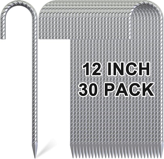 Rebar Stakes 12 inch, 5/16" Diameter Heavy Duty J Hook Stakes 30 Pack, Galvanized Anti-Rust Ground Anchor Long Tent Stakes for Dog Fence Trompoline Swing Set