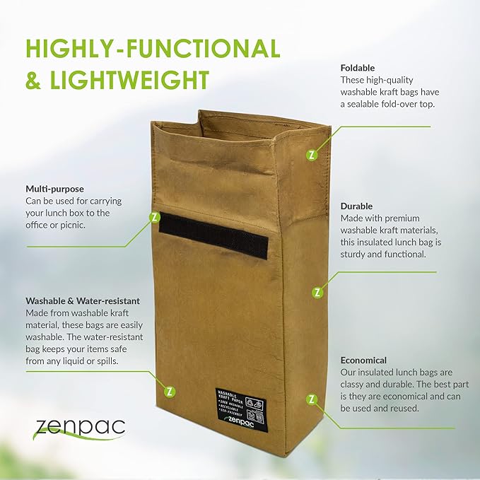 ZENPAC Small Brown Lunch Bag, Reusable & Washable Kraft, Leakproof Sack for Work, School, Picnic, Food, Beverages, Snacks, Travel, 8.5x4.5x12