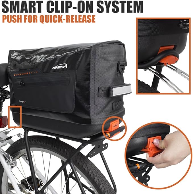 Ibera Bike Trunk Bag - PakRak Clip-On Quick-Release Waterproof Bicycle Commuter Bag