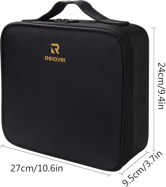 Relavel Travel Makeup Train Case Makeup Cosmetic Case Organizer Portable Artist Storage Bag with Adjustable Dividers for Cosmetics Makeup Brushes Toiletry Jewelry Digital Accessories Black