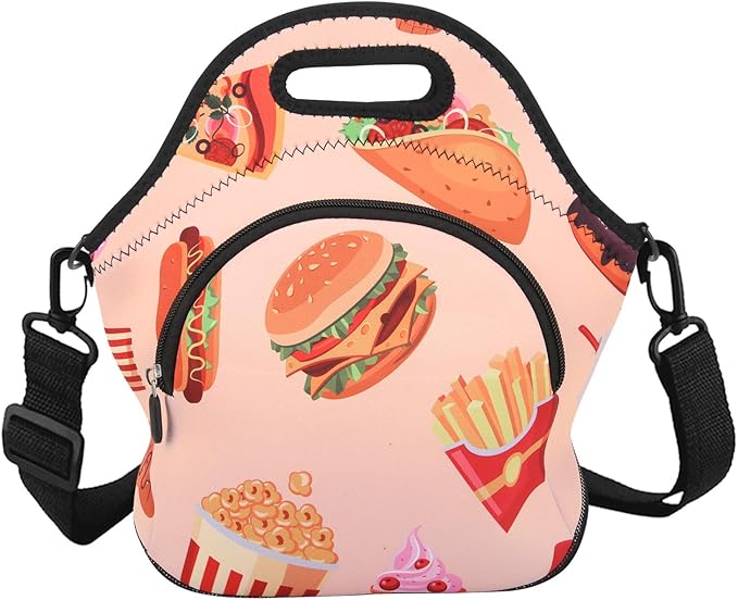 Violet Mist Neoprene Thermal Insulated Lunch Bag Tote Large with Extra Pocket Detachable Adjustable Shoulder Lunchbox Handbags Women men, Hamburger