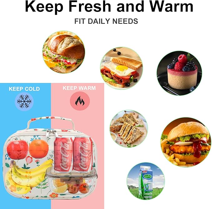 Kids Lunch Box Boys Girls Insulated Lunch Cooler Bag Reusable Lunch Tote Kit for School Travel(Flower)