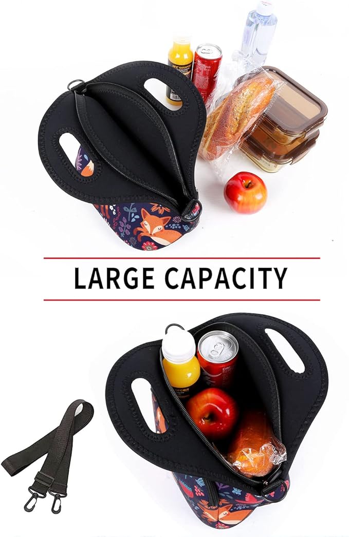 Violet Mist Neoprene Thermal Insulated Resuable Lunch Bag Tote Large with Extra Pocket Detachable Adjustable Shoulder Cute Fox Animal Cartoon Lunchbox Food Handbags Container for Women Christmas