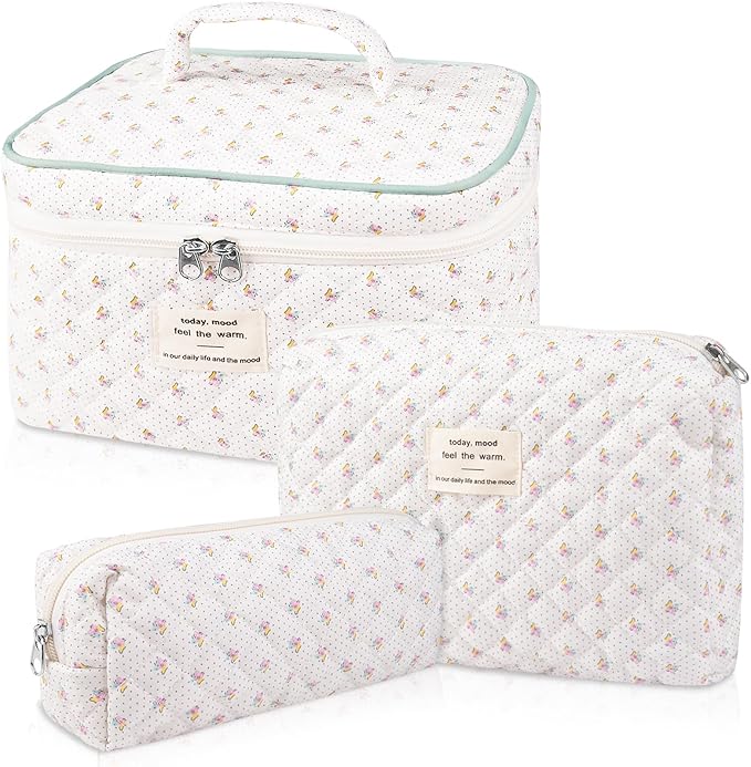 Floral Quilted Makeup Bag Set, 3 Sizes, Travel & Daily Use, Women's Cotton Cosmetic Bag