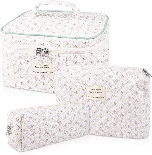 Floral Quilted Makeup Bag Set, 3 Sizes, Travel & Daily Use, Women's Cotton Cosmetic Bag