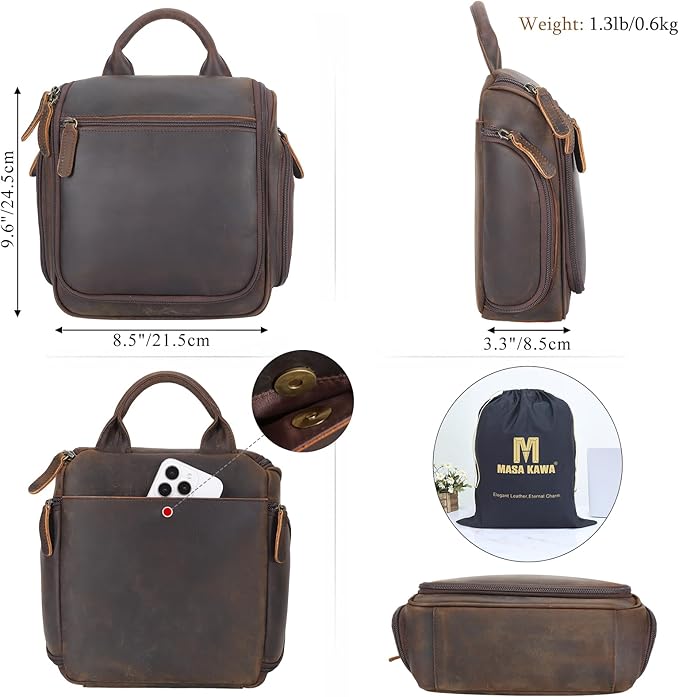 Masa Kawa Leather Hanging Travel Toiletry Bag for Men Portable Expandable Camping Cosmetics Makeup Toiletries Organizer Vintage Bathroom Shaving Kit Brown Wash Bags