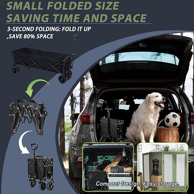 350L Large Capacity Foldable Wagon with Removable Canopy & Brakes, 560lbs Heavy Duty Collapsible Wagon Cart with Push Handle All-Terrain Big Wheels for Camping, Sports, Shopping, Beach