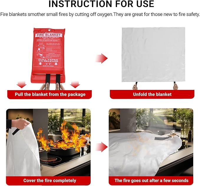 Heavy-Duty Emergency Fire Blanket, 4 Pack – Fireproof Fiberglass Blanket for Kitchen, Home, Car, Grill, Fireplace, Camping, Heat Shield, Grease Fires, Emergency Fire Suppression