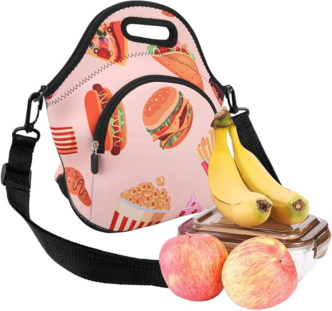 Violet Mist Neoprene Thermal Insulated Lunch Bag Tote Large with Extra Pocket Detachable Adjustable Shoulder Lunchbox Handbags Women men, Hamburger