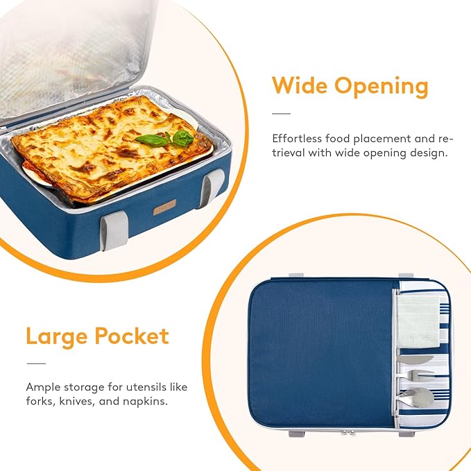 Insulated Casserole Carrier for Hot or Cold Food, Lasagna Lugger Tote for Potluck Parties/Picnic/Cookouts, Fits 9"×13" Baking Dish, Dark Blue
