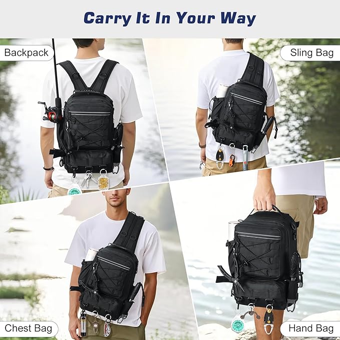 MoKo Fishing Backpack Sling Bag with Rod & Gear Holder, Nylon Waterproof Fishing Tackle Storage Bag for Fishing