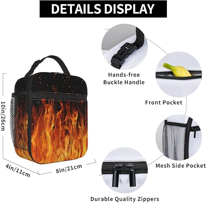 Fire Lunch Bag Insulated Reusable Lunch Box Thermal Cooler Tote For Men Women Work Travel Picnic Hiking