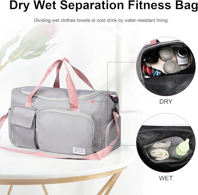 Duffel Bag for Gym Sports Workout Travel, Lightweight Waterproof Tote Bag with Shoes Compartment Wet Pocket for Women Grey with Pink Handles