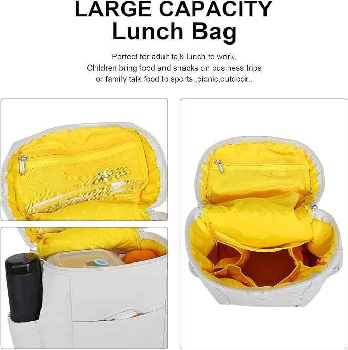 NOL Natural Organic Lifestyle Insulated Lunch Bags for Women Cooler Bag Lightweight Nylon Waterproof Lunch Box For Work (Gray White, Large)