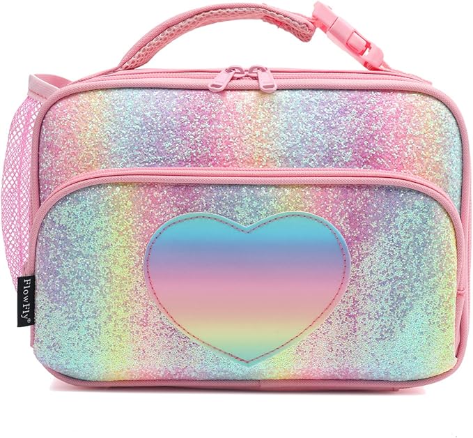 FlowFly Kids Lunch box Insulated Soft Bag Mini Cooler Back to School Thermal Meal Tote Kit for Girls, Boys,Glitter-RainBow