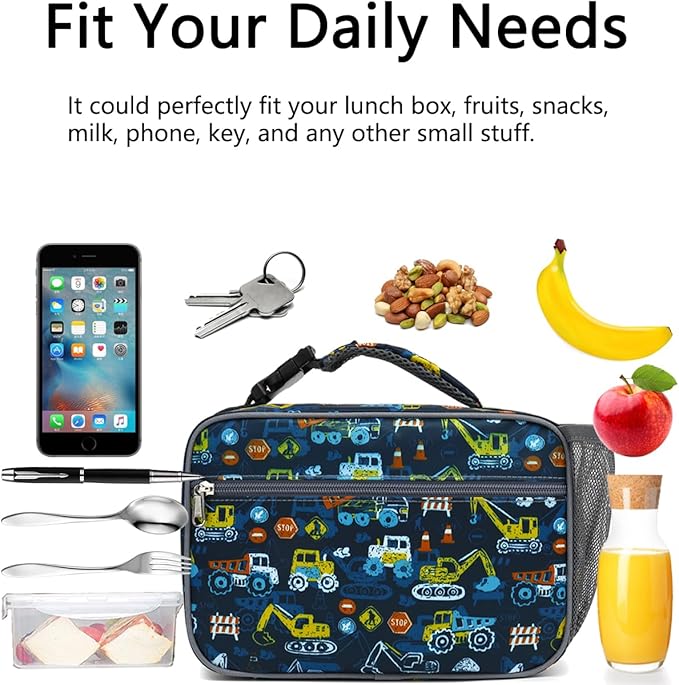 Insulated Lunch Box for School, Thermal Reusable Durable Freezable Lunch Bags for Kids Boys Girls Men Women - Small Soft Cooler Portable Lunch Tote Kit for Work Picnic Travel,Excavator