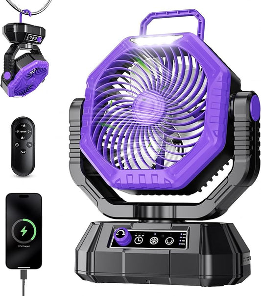 AJVV Camping Fan Rechargeable, Battery Powered Fan With Remote Controller, LED Light, Dual-Blade, Stepless Speed, 45°/90°/270° Swing,Timer, Portable fan For Travel/Tent/Beach/Fishing,Violet