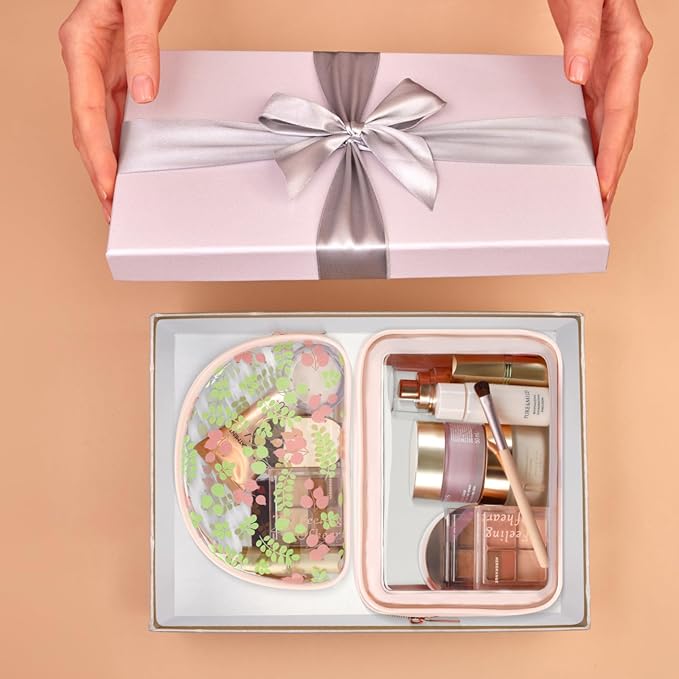 PACKISM TSA Approved Toiletry Bag - Pink Floral Print Clear Shell Bag and Upgrade Color-Edged Clear Travel Bag, Perfect for On the Go or Travel, Lightweight and Robust, 2 Pack