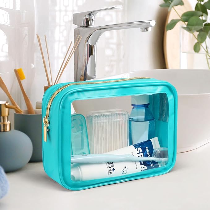 PACKISM TSA Approved Toiletry Bag - 2 Pack Upgrade Color-Edged Clear Makeup Bag, Clear Toiletry Bag For Traveling Fits Various Storage Needs, Turquoise (2 Sizes)