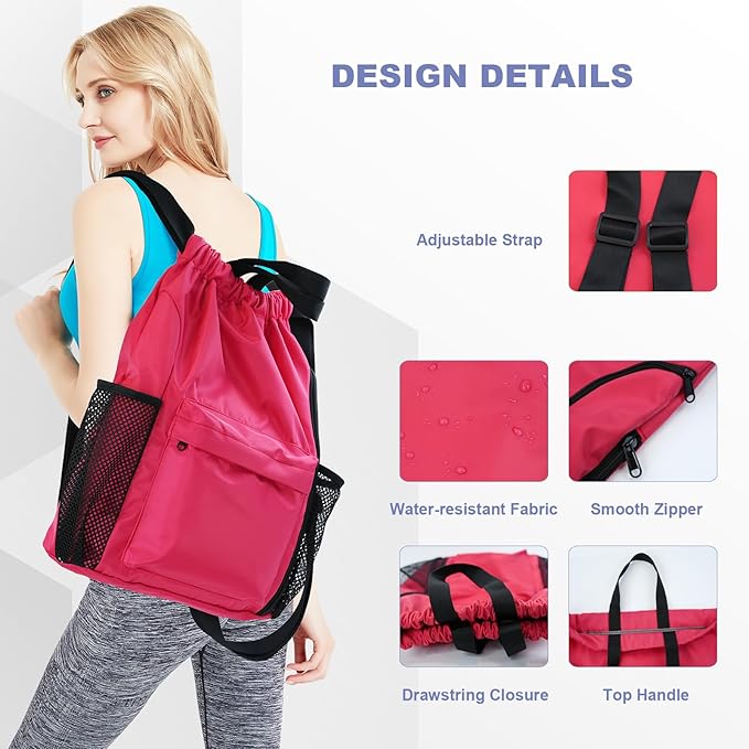 BeeGreen Drawstring Backpack Sports Gym Bag With Shoe Compartment and Two Water Bottle Holder …