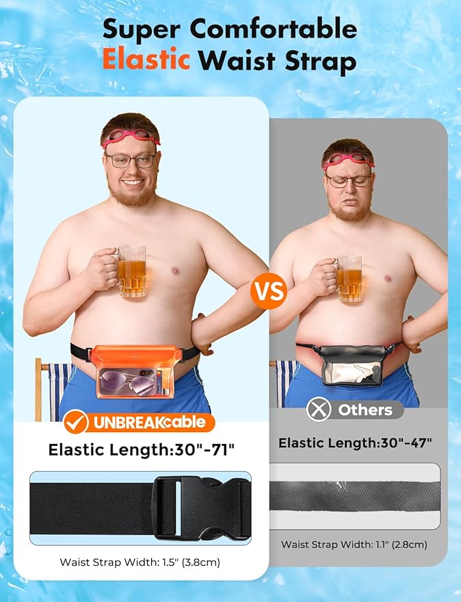 UNBREAKcable Waterproof Phone Pouch with Adjustable Waist Strap- 2 Pack [9.8'' Front window] [SGS IP68 Waterproof] [71'' Maximum Adjustable Waist Length] Waist Bag Screen Touchable Floating Dry Bag