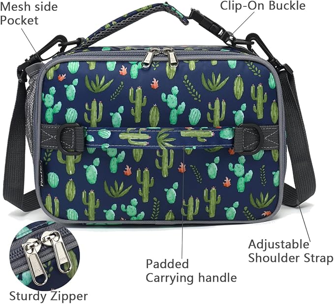 FlowFly Kids Lunch Bag, Durable Insulated School Lunch Box with Shoulder Strap and Bottle Holder, Water-resistant Thermal Small Lunch Cooler Tote for Teen Boys & Girls, Cactus