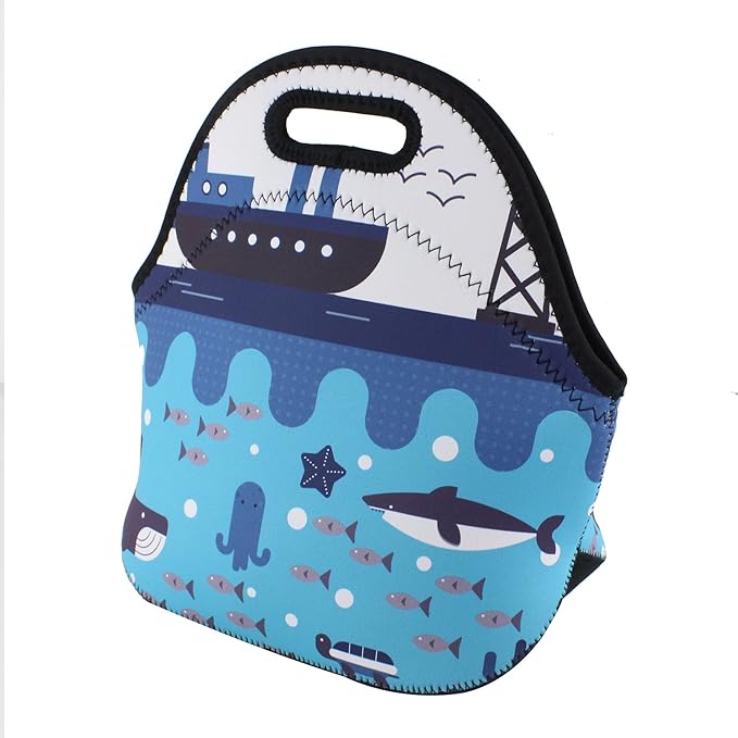 Violet Mist Cute Neoprene Lunch Bag, 11.42"L x 10.43"H x 5.51"W, Anmie Shark Cartoon Print, Lightweight, Eco-Friendly, Reusable, Thermal Insulated, Container for Outdoor Activities