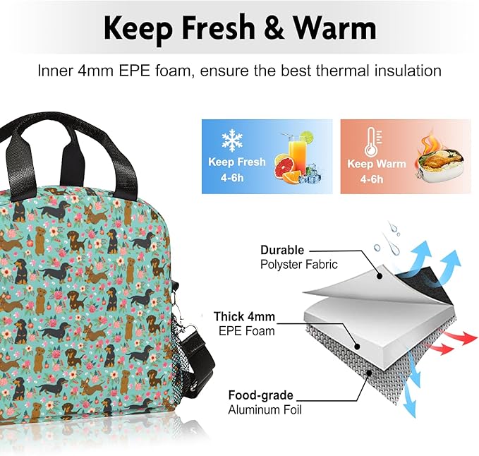 Cute Lunch Bag Kids,Dachshund Gift Insulated Lunch Box for Kids Small Dog Lunch Totebag Reusable Leakproof Lunch Bag With Shoulder Strap for Girls Boys School Work Picnic