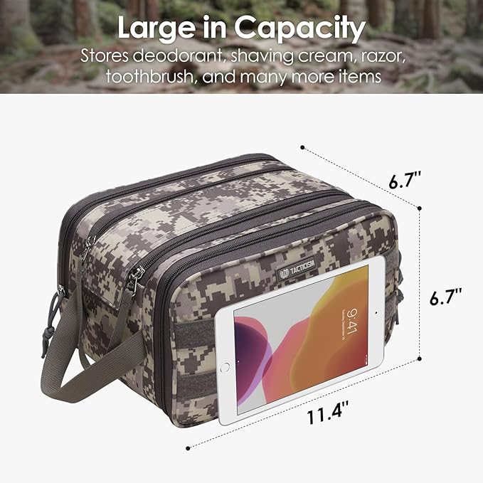 TACTICISM Toiletry Bag for Men - Extra Large Dry Wet Separate Bathroom Bag, Tactical Molle Dopp Kit for Men, Water-Resistant Mens Shower Bag for Travel, ACU Camo
