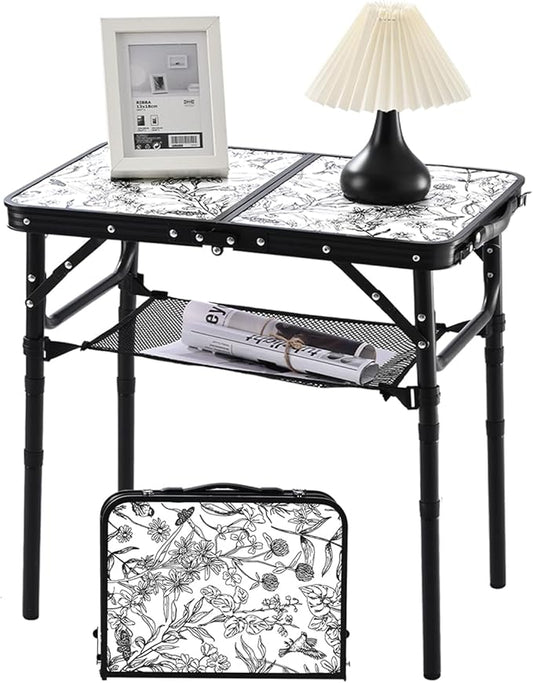 Toile de Jouy-Inspired Camping Table, Vintage French Floral Pattern Folding Table, Adjustable Height, Lightweight & Portable Outdoor Picnic Table with Carry Handle for Patio, Living Room, Travel
