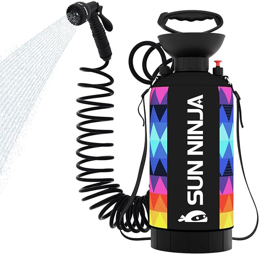 SUN NINJA Portable Shower, 2.1Gal Camping Shower with 7 Mode Shower Head, Neoprene Cover Helps Keep Water Warm, High Pressure Hose, Easy to Carry, Multi-Color