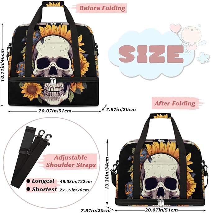 cfpolar Woman Travel Duffel Bag Sunflower Flower Skull Foldable Tote Carry On Luggage Sports Gym Bag With Shoe Compartment Overnight Weekend Yoga Workout Bag Training Handbag