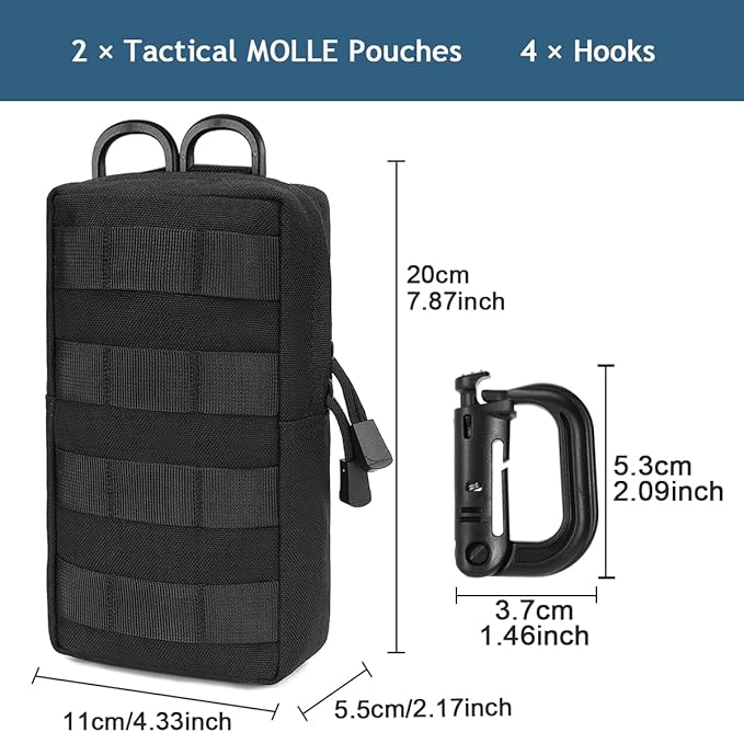 MUCHER 2 Pack Molle Pouches Tactical Pouches EDC Pouch Organizer Molle Bag Utility Pouch with 4 Carabiners for Outdoor Hiking Hunting Camping Training