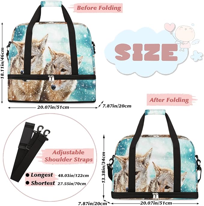 Wolf Snow Foldable Travel Duffel Bag Tote Carry On Luggage Sports Gym Bag With Shoe Compartment For Woman Man Overnight Weekend Yoga Workout Bag Training Handbag