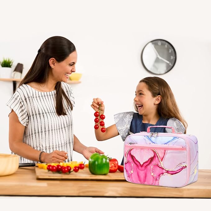 LOIDOU Lunch Box Kids Girls Boys Insulated Lunch Bag Thermal Meal Tote Women Reusable Lunch Pail Bags for School Travel (Marble Pink)