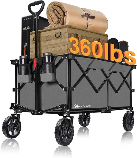 Moon Lence Collapsible Folding Wagon Cart Heavy Duty Folding Garden Portable Hand Cart with All-Terrain Beach Wheels, Adjustable Handle & Drink Holders (Grey)