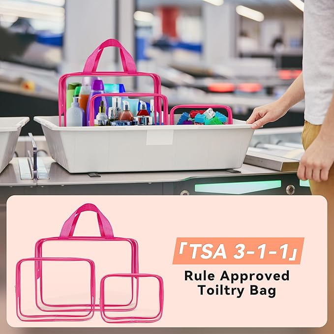 TISRATOK 10 PCS Clear Travel Makeup Toiletry Bag, Plastic PVC Cosmetic TSA Approved Organizer Kit with Zipper Handbag（Rose Red）