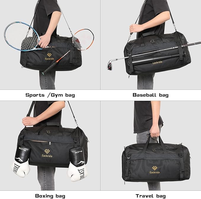 Eackrola Extra Large Sports Gym Bag, Travel Duffel bag with Wet Pocket & Shoes Compartment for men women, 85L, Lightweight （Black）