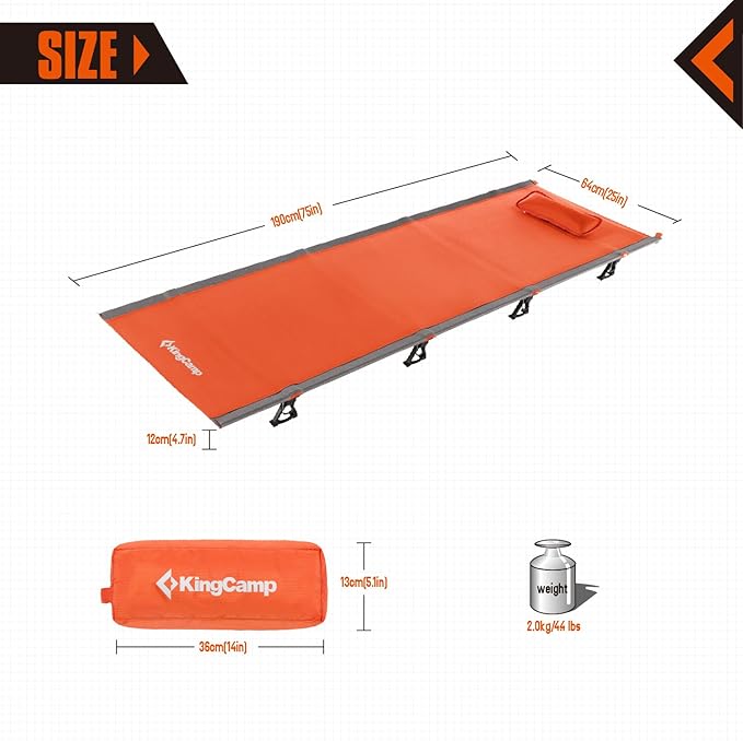 KingCamp Ultralight Camping Cot, Portable Folding Cots 265lbs Heavy Duty Sleeping Bed with Pad Pillow for Adults Outdoor Backpacking Travel Hiking, Orange