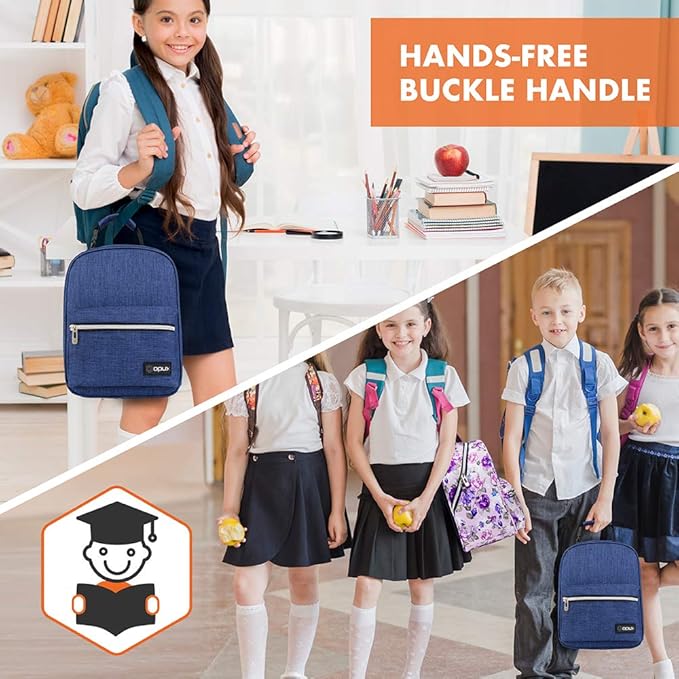 opux Lunch Box for Girls Boys Kids, Insulated Leakproof Lunch Bag, Reusable Teen Lunch Boxes for School, Medium Large lunchbox for Women Men Adult for Work with Front Back Pocket (Navy Blue)