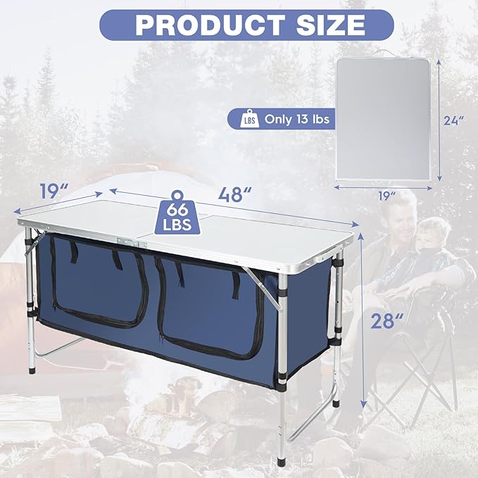 Outdoor Folding Camping Table with Storage Organizer, Portable Aluminum Composite Panel Lightweight Table, 3 Adjustable Height, for Indoor, BBQ, Party, Picnic, Hiking, Blue