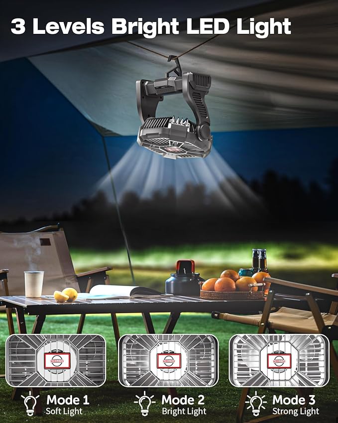 Portable Camping Fan, Rechargeable Battery Operated with LED Lights, Hanging Hook, 270°Rotation, 20000mAh Battery Powered Fan for Beach, Office, Picnic, Fishing, Travel, Tent