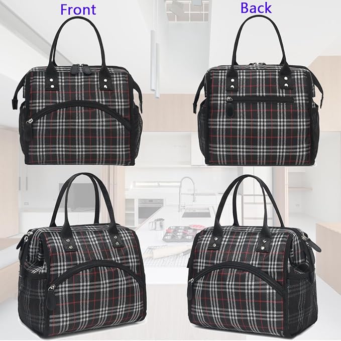 FlowFly Insulated Lunch Bag for Women, Men, Large and Reusable, Handle, Work and Travel Tote and Meal Prep Organizer, Black and white checkerboard