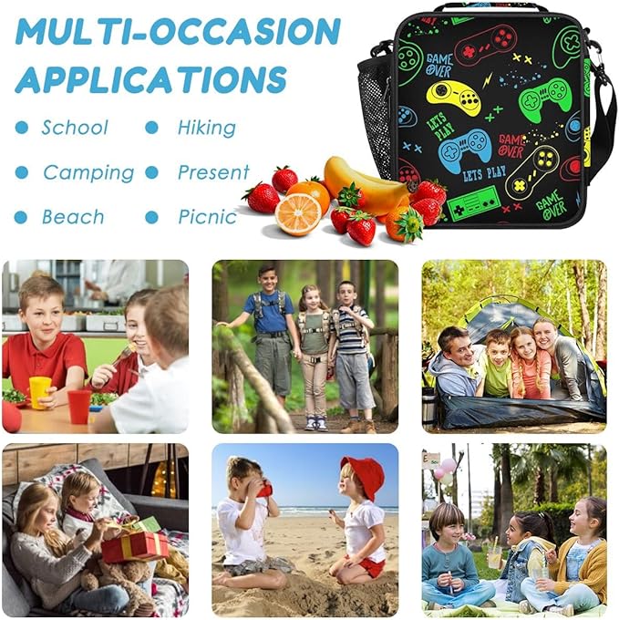 Insulated Lunch Bag for Boys - Reusable Lunch Box Water-Resistant Thermal Cooler Meal Tote Bag with Water Bottle Holder for School Picnic Travel (Colorful Video Game)
