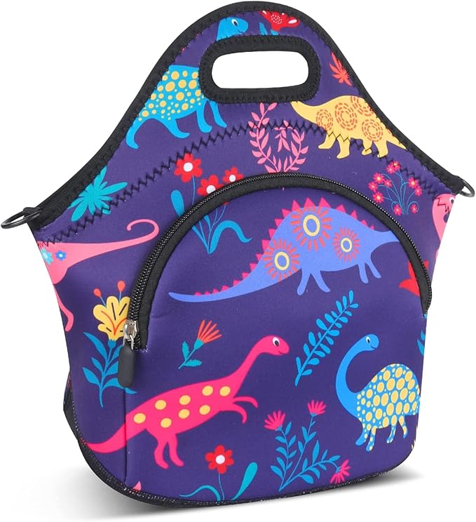 Violet Mist Neoprene Lunch Bag Reusable Insulated Lunch Box with Adjustable Shoulder Strap&Pocket for Women,Men,Adults,Cute Cartoon Dinosaur Snack Bags Blue Anime Work Picnic Travel Tote Food Handbags
